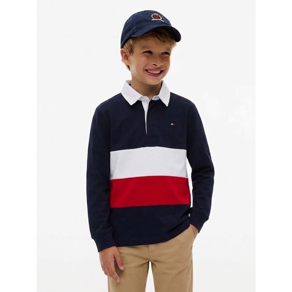 NWT Tommy Hilfiger Rugby Polo Big Boys L Colorblock LongSleeve Flag Stripe Black